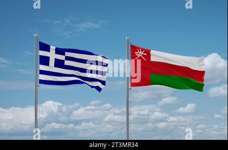 Oman et la Grèce drapeaux agitant ensemble dans le vent sur ciel nuageux bleu, concept de relation entre deux pays Banque D'Images