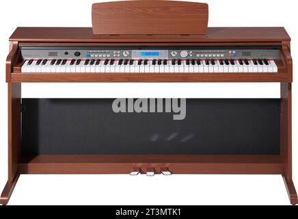 Piano numérique en bois brun isolé sur fond blanc Banque D'Images