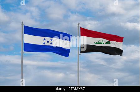 Drapeaux de l'Irak et du Honduras agitant ensemble sur un ciel nuageux bleu Banque D'Images