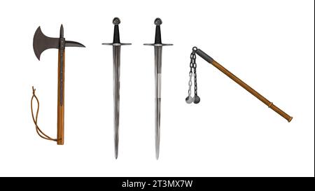 Armoiries des croisés. Dessin avec les armes de chevalier épée, hache et masse. Banque D'Images