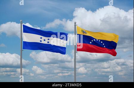 Drapeaux du Venezuela et du Honduras agitant ensemble dans le vent sur un ciel nuageux bleu Banque D'Images