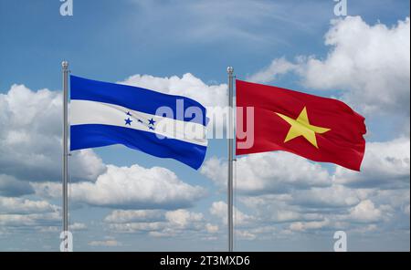 Drapeaux du Vietnam et du Honduras agitant ensemble dans le vent sur un ciel nuageux bleu Banque D'Images