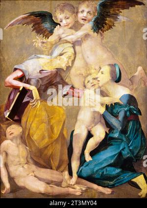 Giovanni Battista di Jacopo dit Rosso Fiorentino, allégorie du Salut avec la Vierge et le Christ enfant, Sainte Élisabeth, le jeune Saint Jean Baptiste, et deux anges, peinture à l'huile sur panneau, vers 1521 Banque D'Images