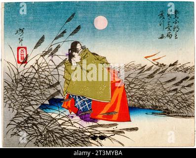 Tsukioka Yoshitoshi, Narihira et Nijo no Tsubone à la rivière Fuji, gravure sur bois, 1882 Banque D'Images