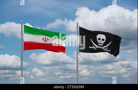 Drapeaux de l'Iran et de corsair agitant ensemble dans le vent sur un ciel nuageux bleu Banque D'Images