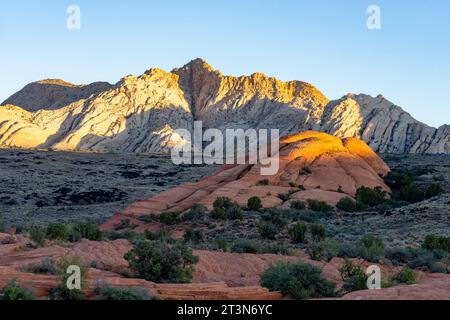 Vues des formations de grès navajo appelées White Rocks depuis la piste Petrified Dunes Trail dans le parc d'État de Snow Canyon dans l'Utah. Banque D'Images