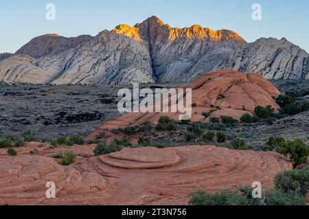 Vues des formations de grès navajo appelées White Rocks depuis la piste Petrified Dunes Trail dans le parc d'État de Snow Canyon dans l'Utah. Banque D'Images