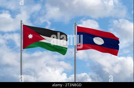 Drapeaux du Laos et de la Jordanie agitant ensemble sur un ciel nuageux bleu, concept de relation entre deux pays Banque D'Images