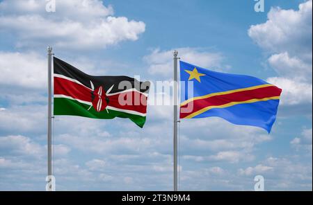 Drapeaux de la République démocratique du Congo ou Congo-Kinshasa et Kenya agitant ensemble dans le vent sur un ciel nuageux bleu, concept de relation entre deux pays Banque D'Images