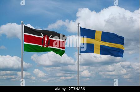 Drapeaux de la Suède et du Kenya agitant ensemble dans le vent sur un ciel nuageux bleu, concept de relation entre deux pays Banque D'Images
