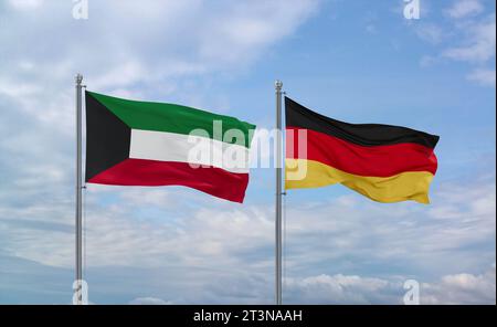 Drapeaux de l'Allemagne et du Koweït agitant ensemble sur le ciel nuageux bleu, concept de relation de deux pays Banque D'Images