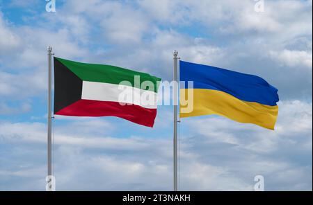 Drapeaux de l'Ukraine et du Koweït agitant ensemble dans le vent sur ciel nuageux bleu, concept de relation de deux pays Banque D'Images