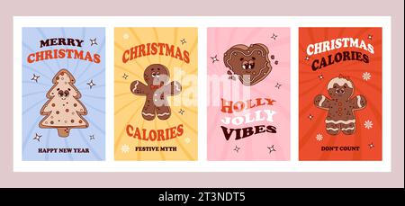 Posters groovy tendance de Noël. Personnages de dessins animés rétro en pain d'épice. Les calories de Noël ne comptent pas. Vibes 70s. Joyeux Noël et bonne année. G Illustration de Vecteur