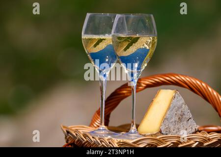 Fromage et vin, Roussette de Savoie blanc sec ou vin de Savoie de la région savoyarde avec fromage de tomme servi sur la frontière du col du Galibier région savoyarde Banque D'Images