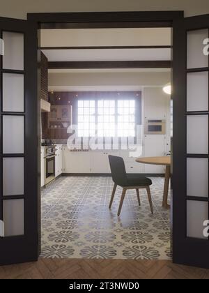Intérieur de cuisine avec portes battantes, table à manger et appareils de cuisine. Petite cuisine au design inhabituel. Rendu 3D. Banque D'Images