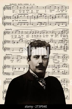 Giacomo Puccini, 1858 –1924, compositeur italien, édité numériquement d’après une photographie, notes de l’opéra Madame Butterfly Banque D'Images