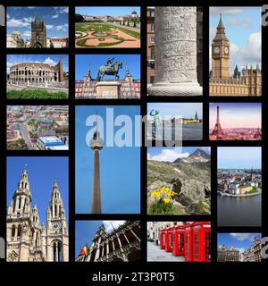 Europe Landmarks photo collage avec Londres, Paris, Rome, Madrid, Prague, Bruxelles, Stockholm, Vienne, Berlin et Alpes. Banque D'Images