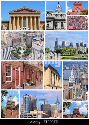 Monuments de Philadelphie collage avec des skylines, Independence Hall, City Hall et Penn State University. Banque D'Images