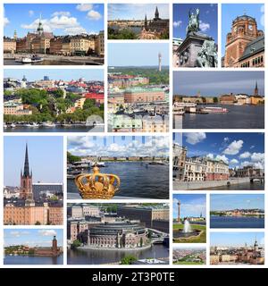 Stockholm, Suède collage de photos de voyage. Le collage comprend des sites importants comme Gamla Stan (vieille ville), l'île de Sodermalm et l'hôtel de ville. Banque D'Images