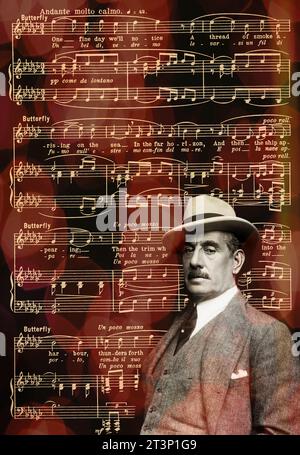 Giacomo Puccini, 1858 –1924, compositeur italien, édité numériquement d’après une photographie de Wilhelm Willinger, notes de l’opéra Madame Butterfly Banque D'Images