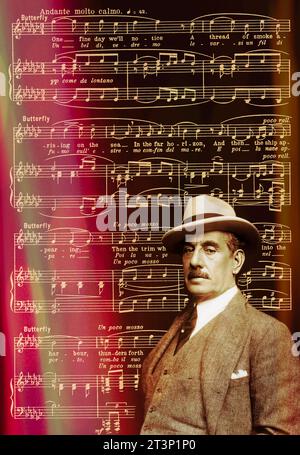 Giacomo Puccini, 1858 –1924, compositeur italien, édité numériquement d’après une photographie de Wilhelm Willinger, notes de l’opéra Madame Butterfly Banque D'Images