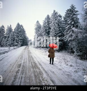 Pologne. Scène de neige hivernale. Vue arrière d'une femme marchant avec un parapluie rouge. Banque D'Images