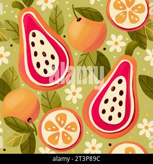 Modèle sans couture avec papayes dessinées à la main et oranges sur fond vert clair. Motif fruit et floral dans des couleurs vives. Illustration colorée. Banque D'Images