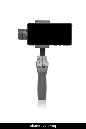 Steadicam avec smartphone isolé sur blanc. Banque D'Images