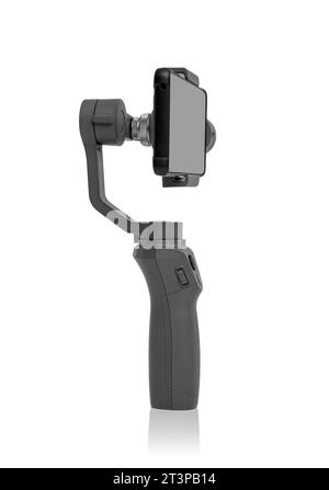 Steadicam avec smartphone isolé sur blanc. Banque D'Images