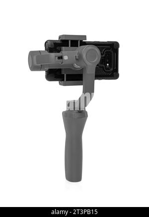 Steadicam avec smartphone isolé sur blanc. Banque D'Images