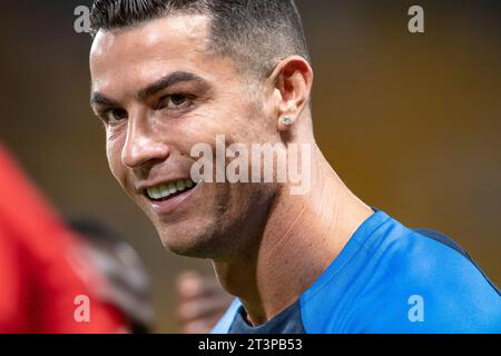 Cristiano Ronaldo d'Al-Nassr FC sourit avant le match Al-Nassr FC (KSA) vs Al Duhail SC (QAT) jour 3 de l'AFC Champions League 2023-24 Groupe E à Al Awwal Park le 24 octobre 2023 à Riyad, Arabie Saoudite. Photo de Victor Fraile / Power Sport Images Banque D'Images