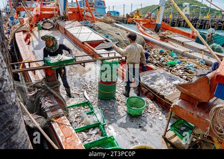 Village de pêcheurs de Samaesan, Thaïlande, 1 septembre 2023 : les ouvriers déchargent des vannettes de poisson d'un bateau de pêche et les empilent pour des acheteurs potentiels. Banque D'Images