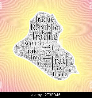 Forme irakienne formée par le nom du pays en plusieurs langues. Frontière de l'Irak sur fond dégradé rayé élégant. Affiche vibrante. Illustration vectorielle créative Illustration de Vecteur