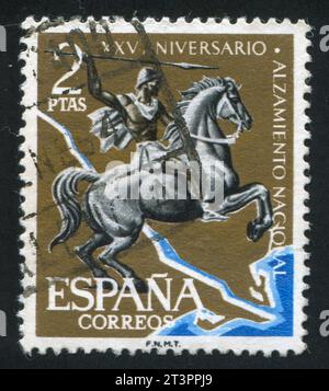 ESPAGNE - CIRCA 1961 : timbre imprimé par l'Espagne, montre cavalier sur l'Èbre, circa 1961 Banque D'Images