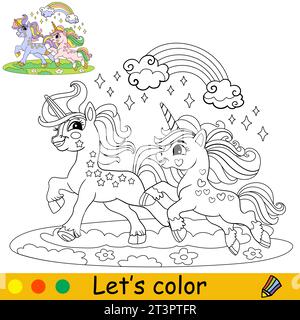 Dessin animé mignon deux licornes en cours d'exécution. Page de livre de coloriage pour enfants. Caractère licorne. Contour noir sur fond blanc. Illustration isolée vectorielle avec co Illustration de Vecteur