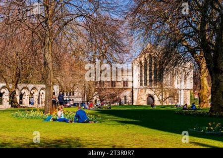 Les gens profitent d'une journée ensoleillée à Dean Park au début du printemps. York, Yorkshire du Nord, Yorkshire et Humber, Angleterre, Royaume-Uni, Europe Banque D'Images