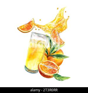 Verre de jus d'orange avec éclaboussures, oranges, tranches d'orange. Illustration aquarelle isolée sur fond blanc. Élément de conception pour le menu de café, jus Banque D'Images