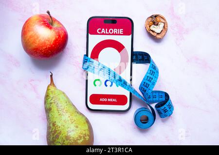 compter les calories et les macronutriments dans un repas à l'aide d'un smartphone Banque D'Images