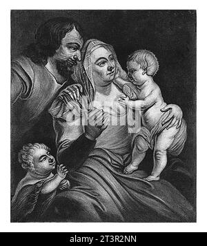 Sainte famille avec Jean-Baptiste, Jacob Hoolaart, d'après Albertus van der Burch, 1723 - 1789 Marie avec l'enfant Christ sur ses genoux. Joseph tient behi Banque D'Images