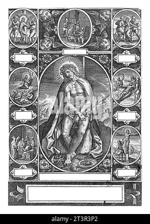 Christ comme homme de douleurs, au milieu de scènes de la passion, Wierix (peut-être), 1590 - 1638 Christ comme Ecce Homo : le Christ entravé, avec une couronne de tho Banque D'Images