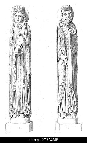 Sculptures de Clothilde et Clovis I de notre-Dame de Corbeil, Jacopo Bernardi, d'après Ernest Antoine Auguste Hébert, 1818 - 1848, gravées vintage. Banque D'Images