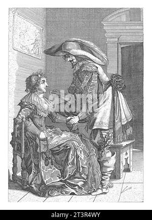 Un homme offre une pièce à une femme, Salomon Savery, d'après Pieter Jansz. Quast, 1630 - 1718, vintage gravé. Banque D'Images