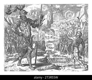Confrontation entre David et Goliath, anonyme, d'après Maarten van Heemskerck, 1555 - 1633 David debout en civil devant le Philistin Goli Banque D'Images