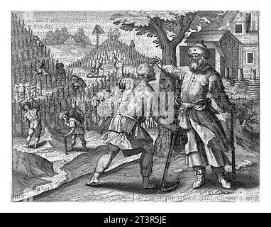 Parabole des ouvriers dans la vigne, Jan Collaert (II), d'après Maerten de vos, 1597 Une scène de l'histoire de la parabole des ouvriers dans la vigne Banque D'Images
