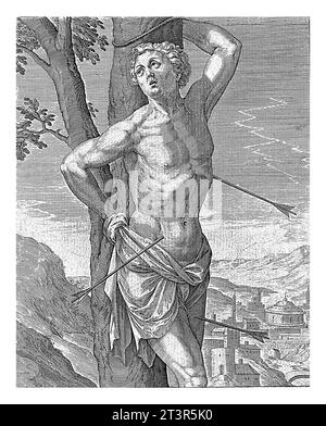 H. Sebastian, Antonie Wierix (II), d'après Hieronymus Wierix, 1565 - avant 1604 Saint Sébastien est attaché à un arbre. Les flèches lui ont percé le corps. Dans le Banque D'Images