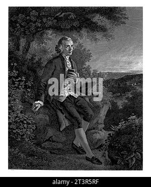 Portrait de Jean-Jacques Rousseau, assis sur un rocher dans un paysage, Hippolyte Huet, d'après Joseph Albrier, c. 1824 - 1835 Banque D'Images