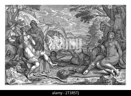 Diana et Callisto, Nicaise de Ruyter, 1688 sur l'eau dans une clairière dans une forêt, Diana est entourée de sa suite. Banque D'Images