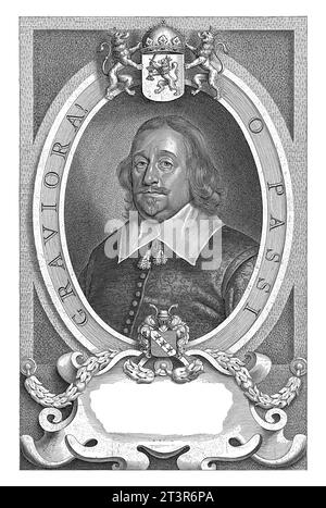 Portrait de Johann van Mathenesse, Cornelis Galle (II), d'après Anselm van Hulle, 1648 Portrait de Johann van Mathenesse, en ovale avec inscription sur le bord. Banque D'Images