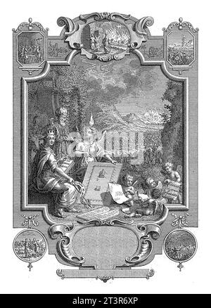 Cartouche avec allégorie sur l'histoire d'Israël, Jan Caspar Philips, 1737 Un grand prêtre juif en conversation avec un ange, avec une flamme brûlante allumée Banque D'Images