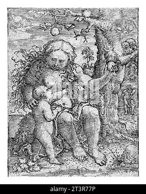 EVA et Cain, Dirck Vellert, 1522 Eve avec pomme à la main assis à côté de l'arbre. Cain, appuyée sur son genou droit, pointe vers Apple. Banque D'Images